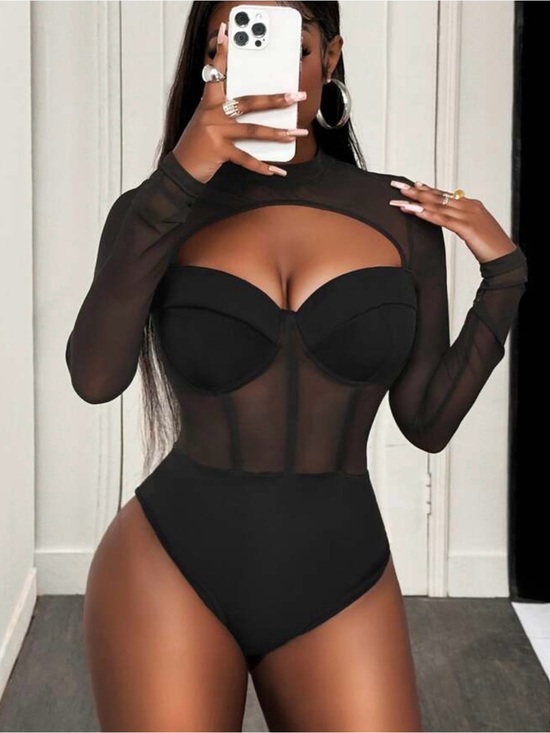 Tops - Black Sheer Mesh Long-Sleeve Bodysuit